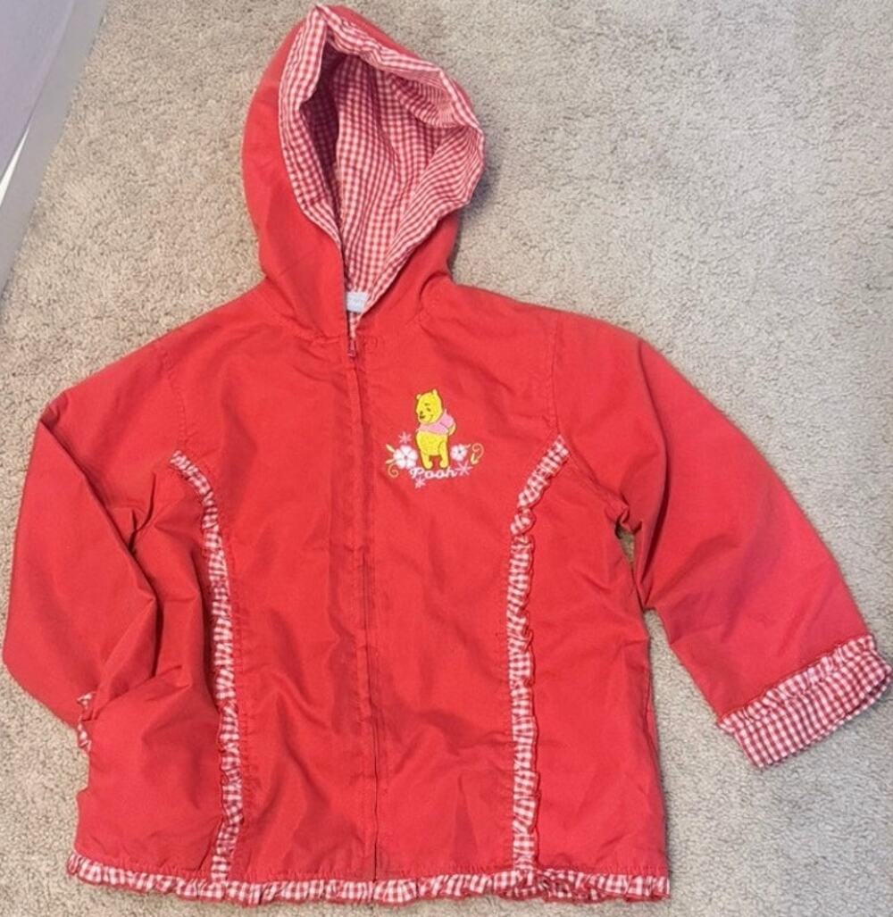 Vtg Y2K Winnie Pooh Gingham Trim Light Jacket Girls 5T Red Sweet Cute Disney Fun